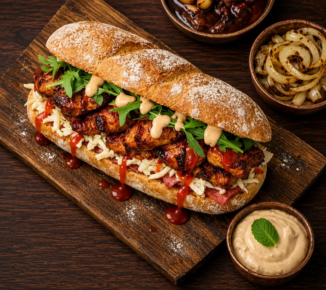 Spicy Chicken Sandwich - Fiery ciabatta sandwich at Chilliwack Pizza & Mo:Mo House